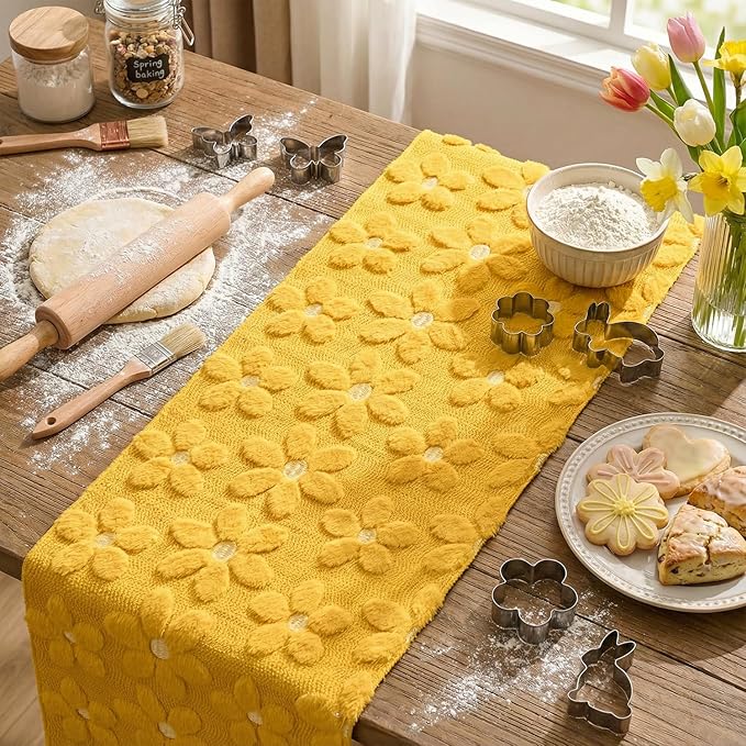 Artoid Mode Yellow Soft Plush Faux Fur Jacquard Embroidery Daisy Spring Table Runner, Kitchen Dining Table Decoration for Home Party Decor 13x36 Inch