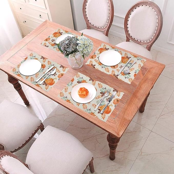 Fall Pumpkin Placemats 12x18 Inch Set of 4, Blue Orange Pumpkin Thanksgiving Table Place Mat Autumn Watercolor Harvest Washable Table Mats Decorative Linen Fabric Table Mat for Dining Table