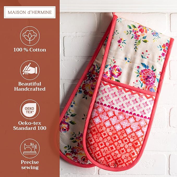 Maison d' Hermine Double Oven Mitts 100% Cotton 7"x35" Double Oven Mitt Heat Resistant BBQ Cooking Gloves with Loop Baking Grilling Gifts for Mothers Day Spring Summer (Rose Garden)