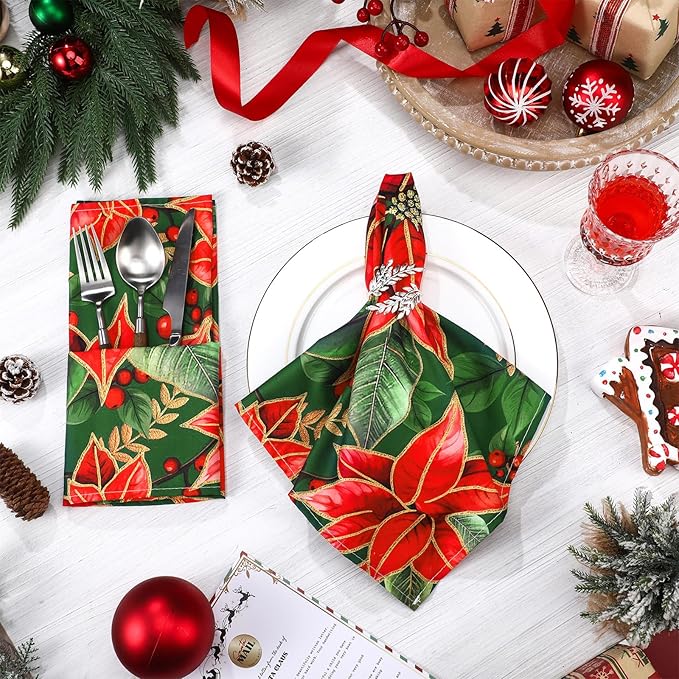 Qeeenar 12 Pcs Christmas Poinsettia Cloth Napkin 20 x 20 Inch Poinsettia Cloth Napkins Washable Dinner Guest Napkins for Christmas Holiday Xmas Thanksgiving Dinner Party Supplies, Set of 12
