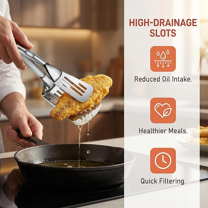 Durable 304 Stainless Steel Spatula Tongs, Rust-Proof 2-in-1 Cooking Tongs for High Heat, Solid One-Piece Design Food Turner, Professional Kitchen Essential