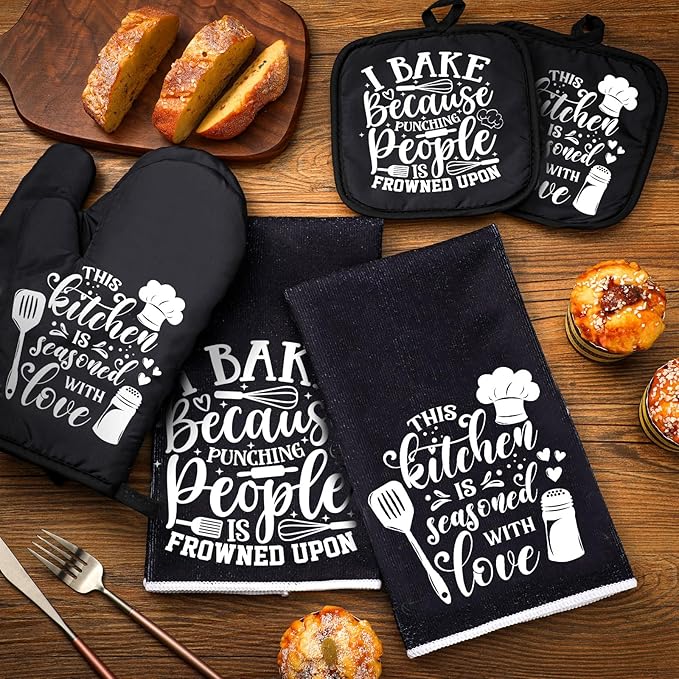 Sratte 6 Pcs Kitchen Decor Accessories Set Farmhouse Towels Pot Holders Oven Mitts Set 2 Dish Towels 2 Potholders 2 Cooking Mittens Oven Glove for Christmas Baking Cooking Supply(Black,Baking)