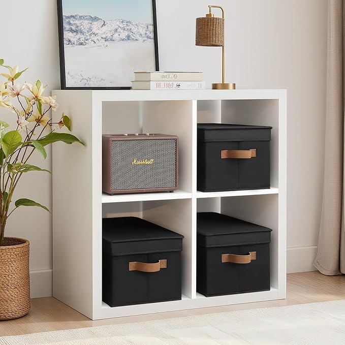 StorageWorks Black Storage Bins with Lids, Decorative Storage Boxes with PU Handles, Foldable Storage Baskets for Closet, Shelves, Stackable, Large, 3-Pack