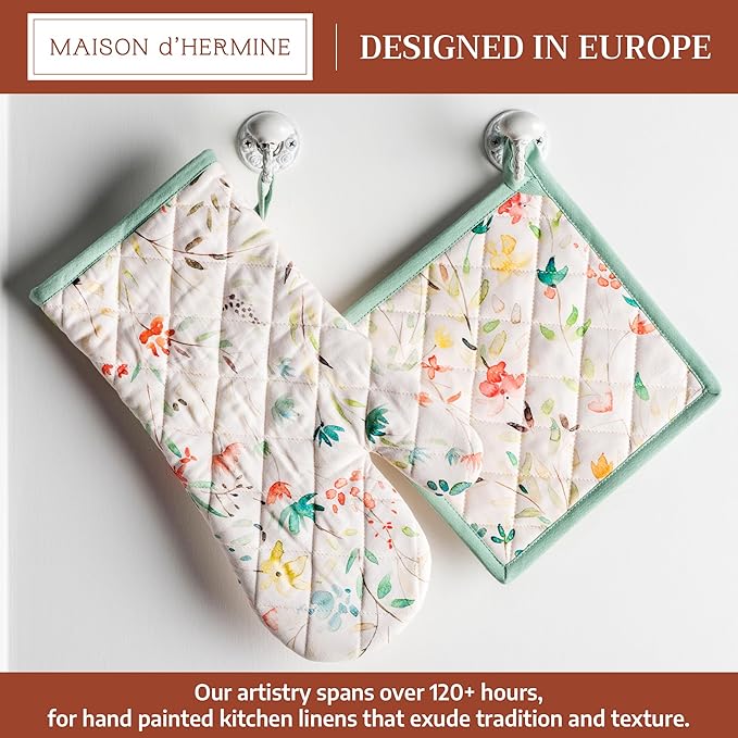 Maison d' Hermine 100% Cotton Oven Mitt & Pot Holder Set (7.5"x13" & 8"x8") Heat Resistant BBQ Cooking Gloves with Loop Baking Grilling Kitchen Gifts for Mothers Day Spring/Summer (Colmar)