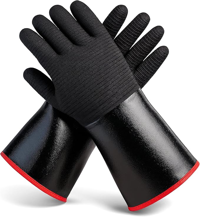BBQ Gloves - Waterproof and Extreme Heat Resistant up to 932°F - Food-Grade Neoprene Rubber Mitts for Cooking, Grill, Grilling, Oven, Baking, Fire Pit - Non-Slip Grip, Cotton Lining and 14” Sleeve