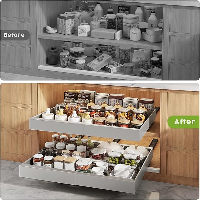 Seinloes 4 Pack Pull Out Cabinet Organizers 21" Deep With Raising Pad for Framed Cabinets, Expandable Slide Out Drawers with 4pcs Divider Racks, Roll Out Shelves, Adjustable Width 12"-20.45" Silver