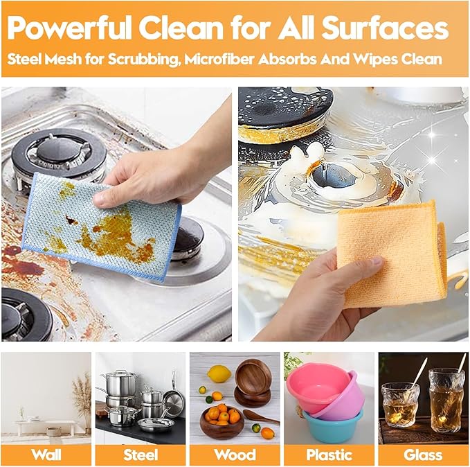 16 Pcs Multipurpose Wire Dishwashing Rags, Upgraded Dual-Sided Non Scratch Wire Dishcloth, Reusable Metal Wash Cloth, Steel Wool Cleaning Cloths for Kitchen, Cookware, Sinks, Stove Tops