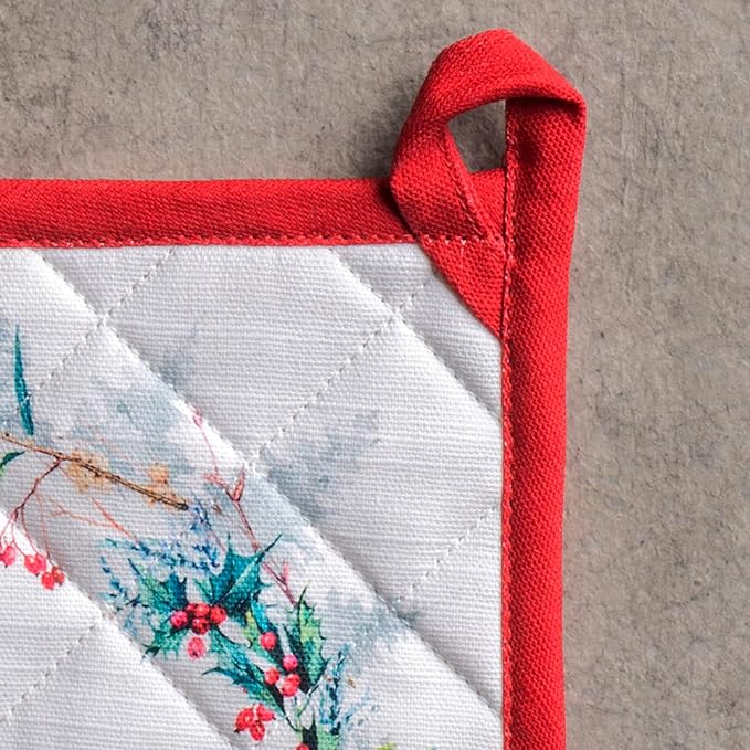 Maison d' Hermine Pot Holders Set 100% Cotton Heat Resistant Potholders 8" x 8" Hot Pads with Loop for Thanksgiving Christmas Decorations BBQ Cooking Baking Handling Hot Pans (Pack of 2, Morzine)