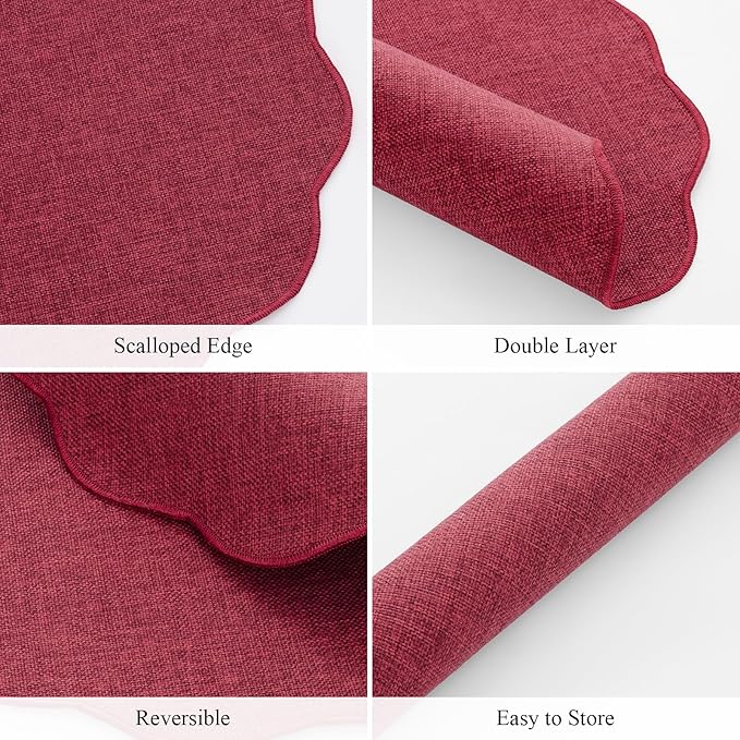 SHACOS Scalloped Round Placemats Set of 6 Polyester Linen Blend 15 inch Washable Non Slip Place Mats Easy Clean Heat Resistant Table Mats for Kitchen Dining Table Decor, Red
