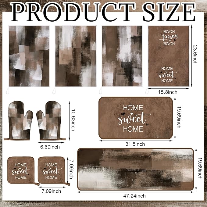 Fourluoo 10 Pcs Brown Kitchen Decor Farmhouse Oven Mitts and Pot Holders Kit Vintage Kitchen Dish Towels Modern Marble Pattern Oven Gloves for Home Decorations Baking Cooking Birthday Summer Gifts