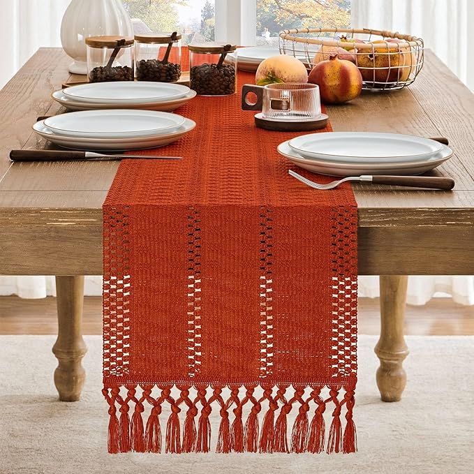 ZeeMart Macrame Style Boho Table Runner, Burnt Ochre Fall Table Runners 90 Inches Long, Farmhouse Woven Home Decor, 12x90 Inch, Dark Orange