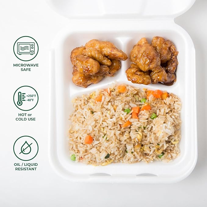 Freshware Compostable Clamshell Food Containers [8x8"] 3-Compartment 50-Pack, Disposable Containers, Biodegradable Sugarcane to Go Boxes - Paper Food Containers - Microwave & Freezer Safe, Stackable