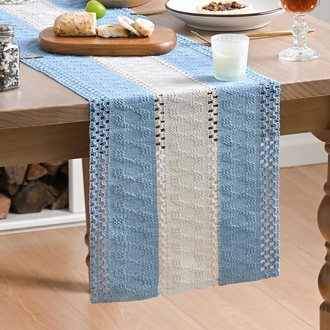 Artoid Mode Sky Blue Farmhouse Rustic Table Runner, Seasonal Hollow Kitchen Dining Table Decoration for Home Party Decor 12x120 Inch