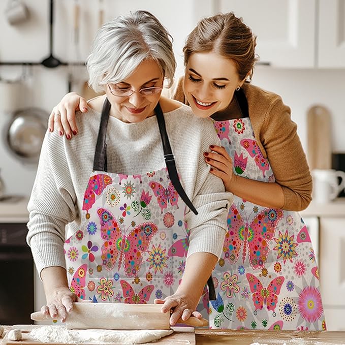 Britimes Butterfly Apron Floral Colorful Butterflies Flowers Aprons Kitchen Cooking Gardening for Women With Pockets