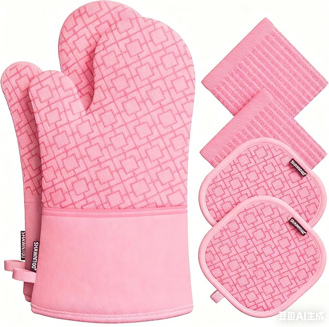Oven Mitts and Pot Holders Sets 6pcs, Kitchen Oven Glove,High Heat Resistant 550 Degree Extra Long Oven Mitts and Potholders with Non-Slip Silicone Surface for Home Essentials (Grey) (Blush Pink)