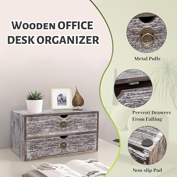 Wood Desk Organizer, Washed Brown Wooden Desktop Organizer with Drawer, Tabletop Storage Organization Box for Countertop, Home Office Supplies, Bills, 13.3 x 6.5 x 7 Inches(2 Drawer)