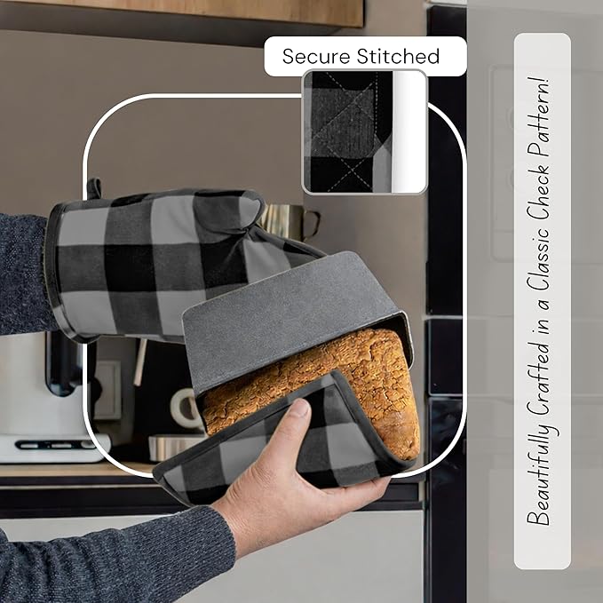 Native Fab Buffalo Plaid Check Oven Mitts and Pot Holders Set of 4, 100% Cotton Heat Resistant Kitchen Gloves, 2 Oven Mitts (7x13), 2 Pot Holders (8x8) for Cooking & Baking, Ash Grey Black