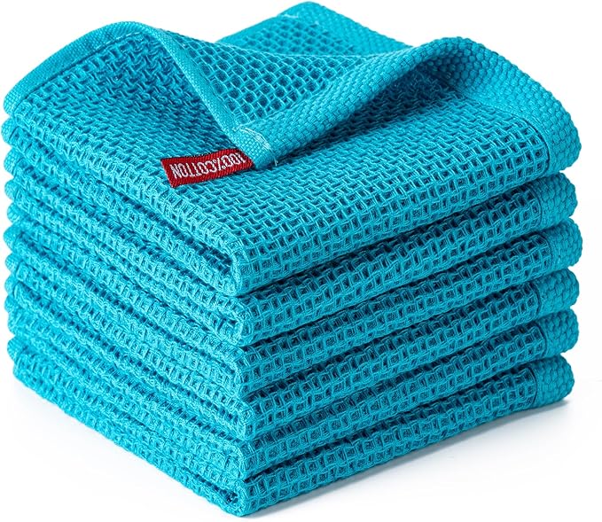 BOOMIBOO 6-Pack Kitchen Dish Cloths, 100% Cotton Waffle Weave, Ultra Soft Absorbent, Quick Drying Dish Towels, 12x12 Inches,Teal