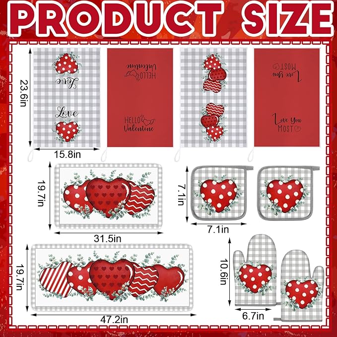 VitalCozy Set of 10 Valentine's Day Kitchen Towels Heart Kitchen Mats Oven Mitts and Pot Holders Set Absorbent Red Tea Hand Towels Valentine's Day Decorative Towel for Baking Cooking BBQ