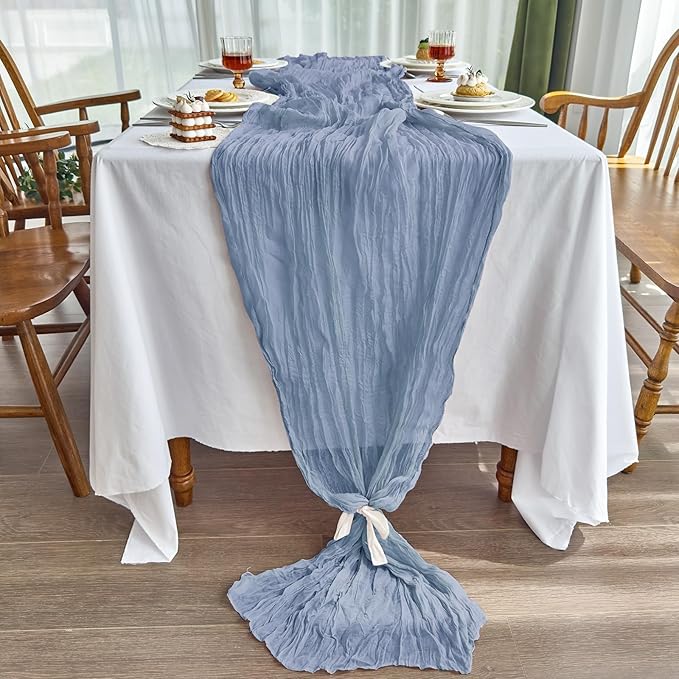 IVAPUPU 1 Pcs Cheesecloth Table Runner - 10ft Dusty Blue Spring Boho Gauze Cheese Cloth Table Runners for Baby Shower Decorations Wedding Party Garden Farmhouse