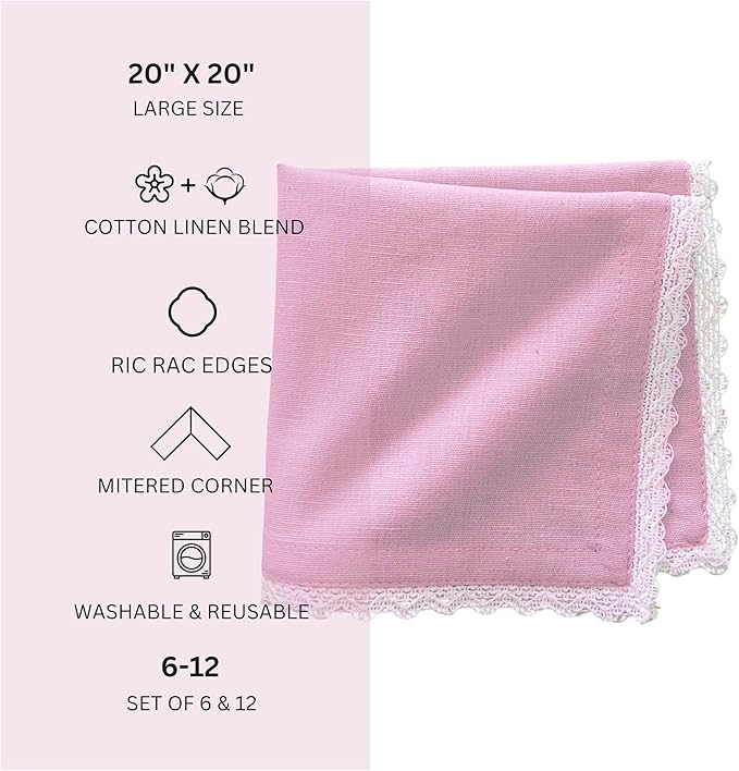 Fingercraft Dinner Cloth Napkin Cotton Linen Blend 12 Pack Mitered Corners with Elegant Lace for Everyday Use Napkins are Pre Shrunk and Good Absorbency (Pastel Rose, 20in x 20in (Set of 12))