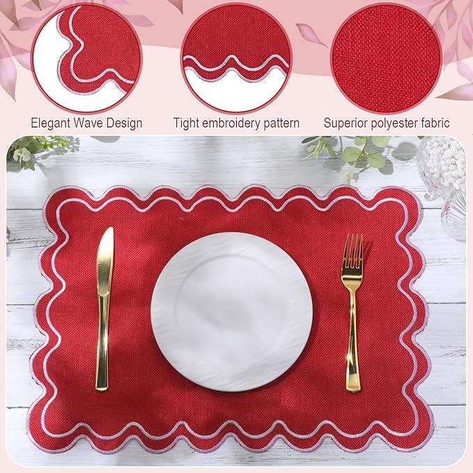 HunnmingRe Set of 6 Cotton Linen Placemats, 13x19 Inch Scalloped Wavy Embroidery Placemat Double Layered Washable Rustic Rectangle Dinner Table Mats for Wedding Home Decor(Red with White)
