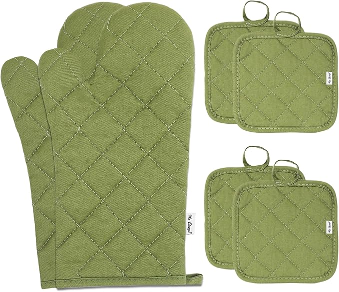 Oven Mitts and Pot Holders Sets,6 Pcs Oven Mitts and Potholders with Recycled Cotton High Heat Resistant Extra Thick Long Oven Mitts for Cooking(Green)