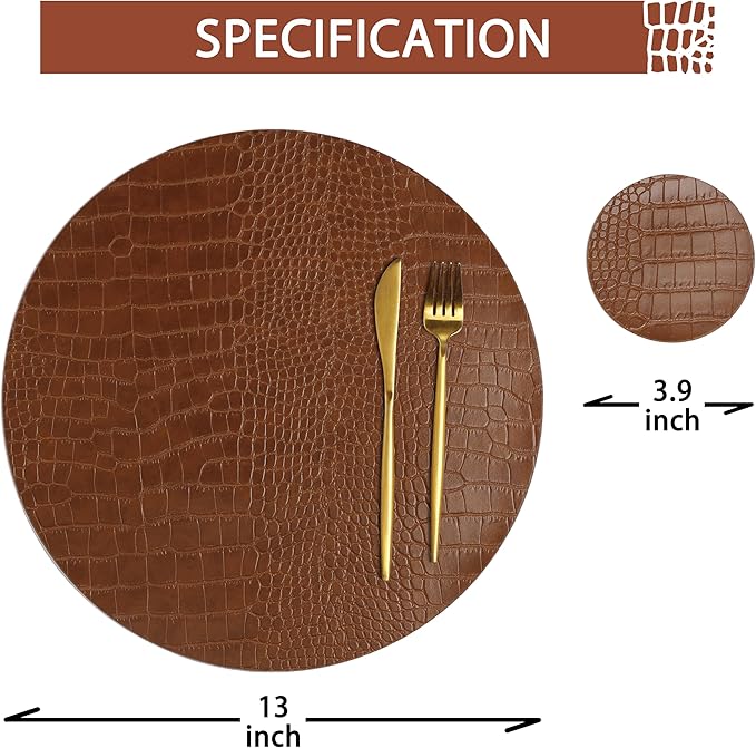Round Leather Placemats for Round Tables Set of 4, Brown Table Place Mats and Coasters, Washable Easy to Care for Indoor Decor 13" Diameter