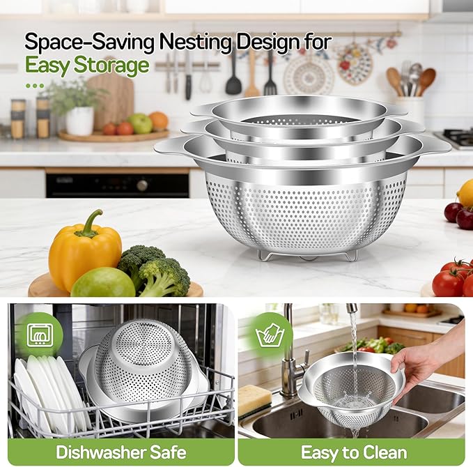 QCQHDU Stainless Steel Colander for Kitchen Pasta Rice Strainer for Spaghetti Fruit Vegetables Cooking Food, 3 Quarts Metal Mesh Stainless Steel Strainers and Colanders, Dishwasher Safe, 1 Pack