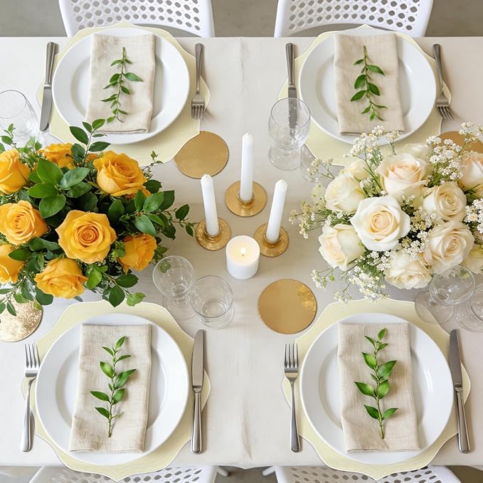 Set of 8 Cotton Linen Placemats, 15x15 Round Scalloped Cloth Table Mats, Embroidery Machine Washable, Wrinkle Resistance Fabric Place Mats for Wedding Summer Baby Shower Party Table Decor-Milky