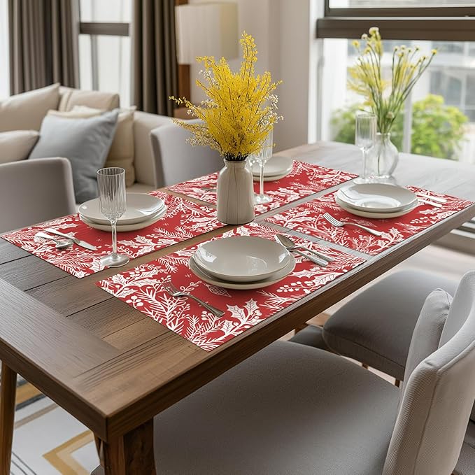Artoid Mode Red Weed Wild Flower Vinyl Plastic Placemats Set of 4, 12x18 Inch Woven Washable Non-Slip PVC Place Mats for Party Kitchen Dining Decor