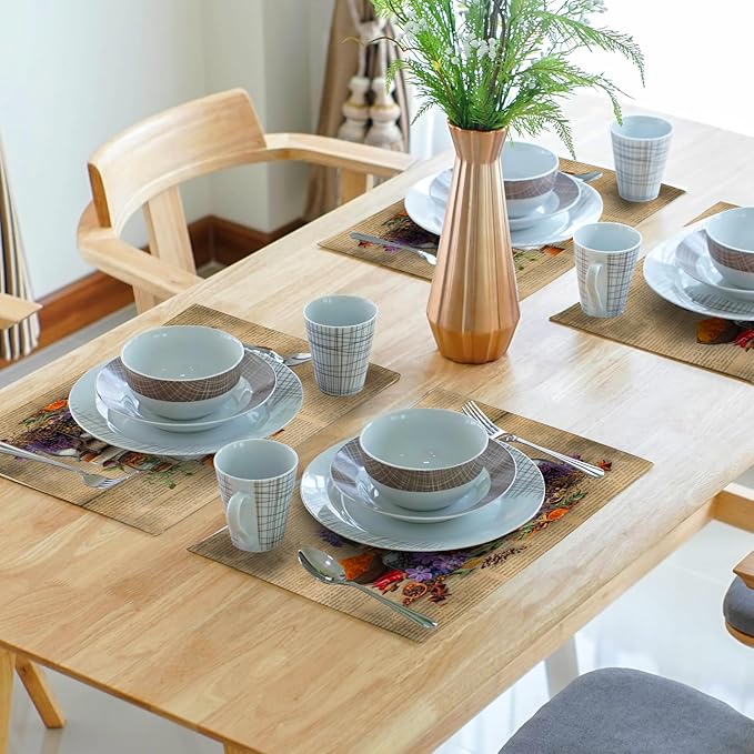 Retro Herbs Linen Placemat Set Brown Dining Table Mat 4pc for Home Indoor Outdoor Decor