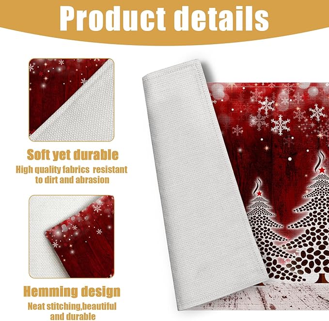 Christmas Tree Placemats Set of 6, Winter Snowflakes Linen Place Mat Washable Stain Resistant Table Mats for Farmhouse Kitchen Dining Party Wedding Decor 12x18 Inch
