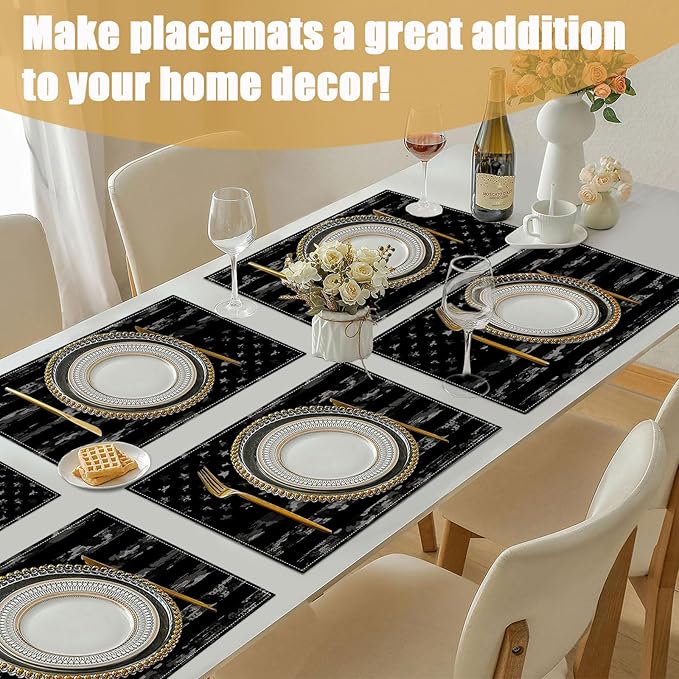Black Camo American Flag Placemats Set of 6, Linen Place Mat Washable Stain Resistant Table Mats for Farmhouse Kitchen Dining Party Wedding Decor 12x18 Inch