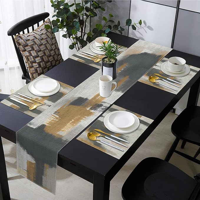 Emvency Vintage Grey Table Runner and Placemats Set of 6, Abstract Dark Gray Brown Decorations for Indoor Outdoor Dining Decor(1 Table Runner 72 inches Long and 6 Placemats)