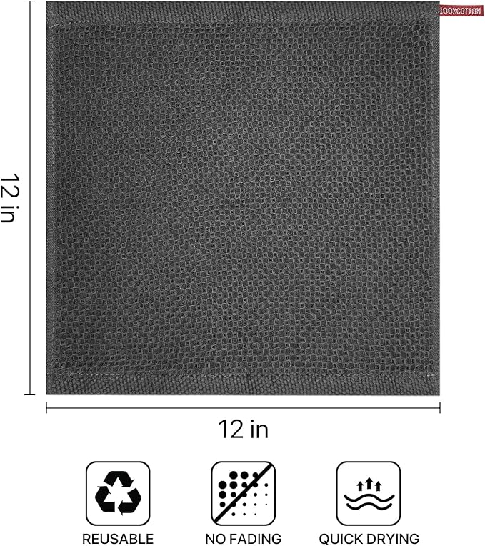 100% Cotton Waffle Weave Kitchen Towels, 6 Pack Dish Cloths for Washing Dishes, Ultra Soft Absorbent Dish Towels, Quick Drying Kitchen Rags, 12x12 Inches, Dark Grey