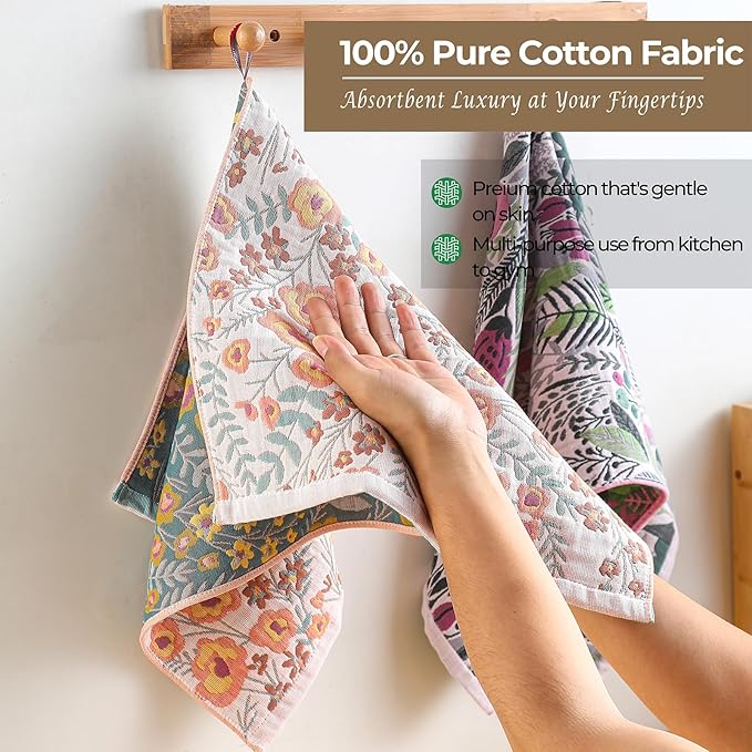 Kitchen Tea Towels 15" x 30",Quick Dry100% Organic Cotton for Kitchen Drying Linework,Ultra Absorbent Decorative Boho Floral Large Tea Towels with Hanging Loop
