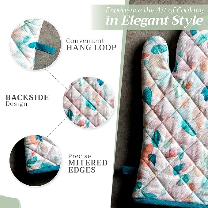Maison d' Hermine 100% Cotton Oven Mitt & Pot Holder Set (7.5"x13" & 8"x8") Heat Resistant BBQ Cooking Gloves with Loop Baking Grilling Kitchen Gifts for Mothers Day Spring/Summer (Summer Picnic)