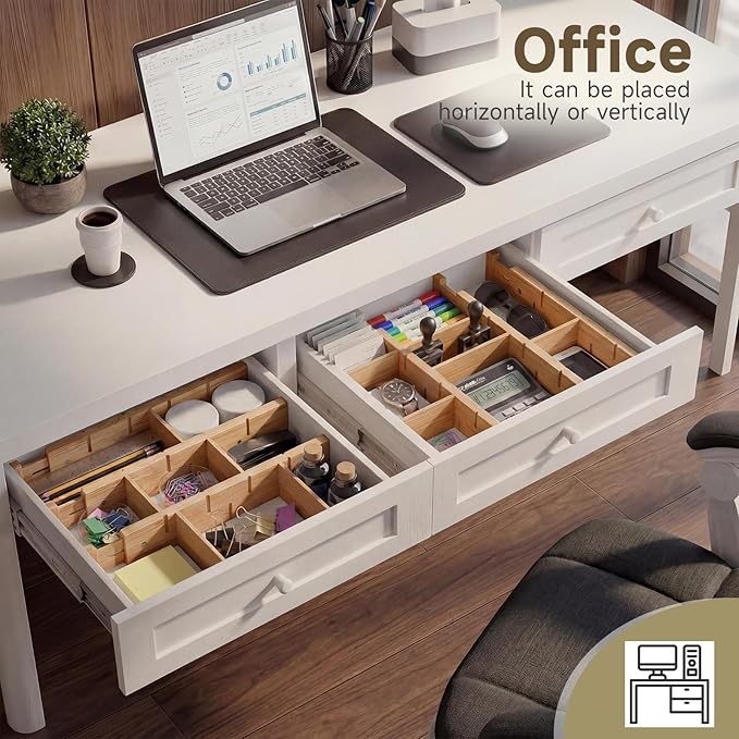 Bamboo Drawer Dividers, Expandable Kitchen Drawer Organizer, Include 8 Dividers, 8 Small Inserts and 8 Medium Inserts for Home, Office, Dressers (Short-8 Dividers)
