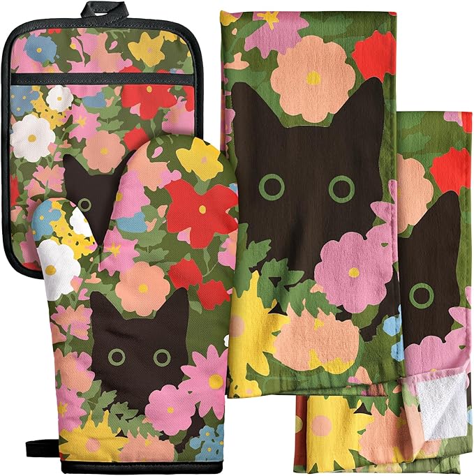 Miss Adola 270 GSM Cotton Kitchen Towels, Oven Mitt and Pot Holder - 4 Pack Kitchen Decor and Accessories Set Spring Cute Farmhouse Boho Quilted Lining Heat Resistant Set with Hanging Loop, Cat Flower