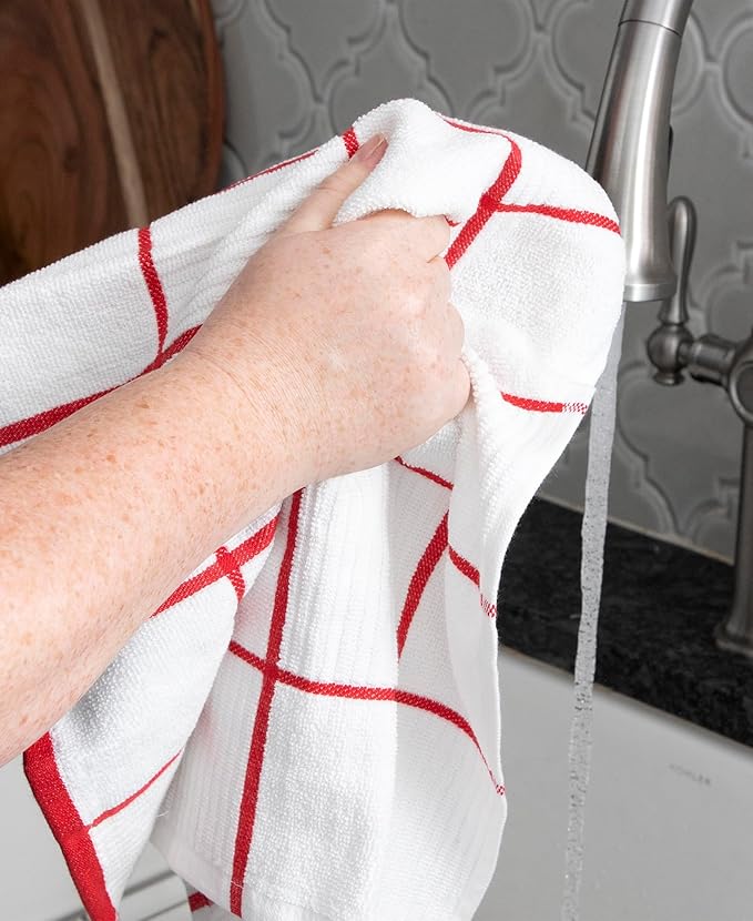 T-Fal Solid & Checked Parquet Kitchen Towels: Highly Absorbent, Super Soft Long Lasting - 100% Cotton, 16"x26" Dish Towels for Cleaning & Drying Dishes, Pans, Glassware, Countertops, 6-Pack, Red