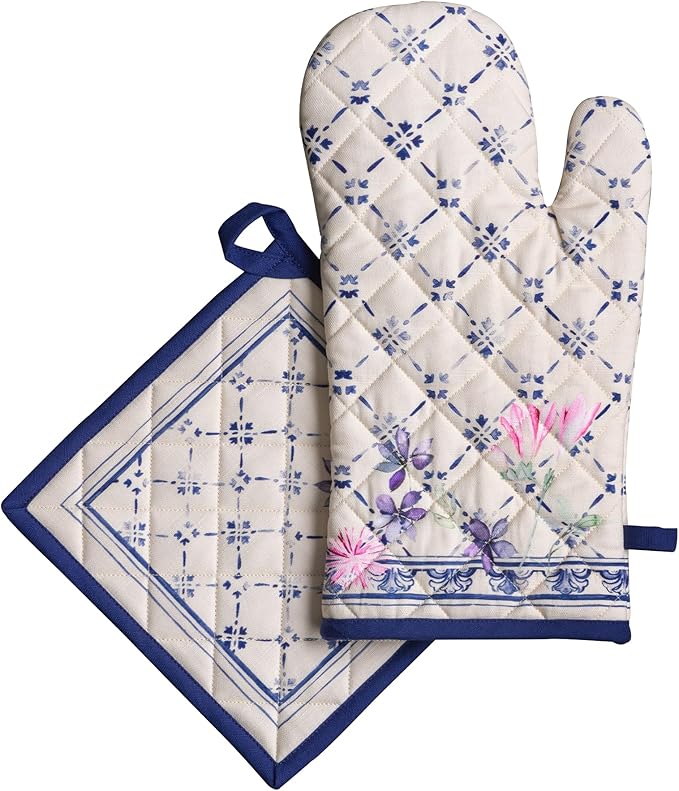 Maison d' Hermine 100% Cotton Oven Mitt & Pot Holder Set (7.5"x13" & 8"x8") Heat Resistant BBQ Cooking Gloves with Loop Baking Grilling Kitchen Gifts for Mothers Day Spring/Summer (Faience)