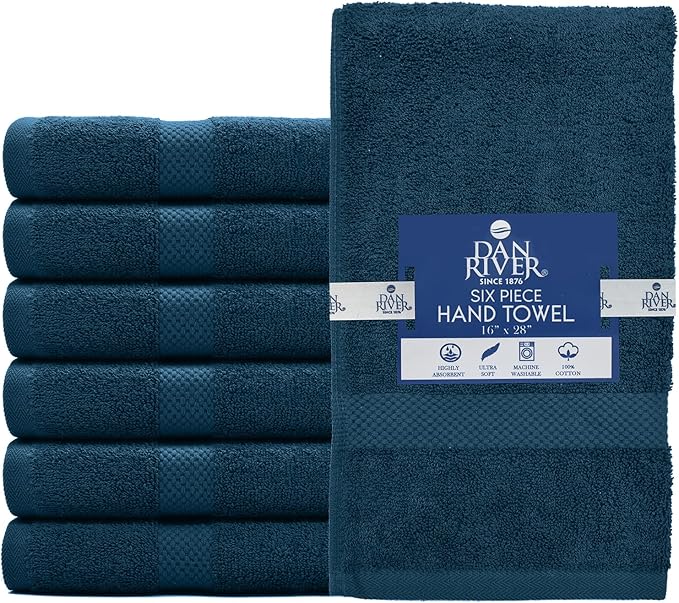 DAN RIVER 6-Pack Premium Hand Towels (16x28 Inches) - 100% Cotton, Ultra Soft, Lightweight, Highly Absorbent Towels for Bathroom, Spa, Gym, Salon, Hotel, and Travel - Opal Blue