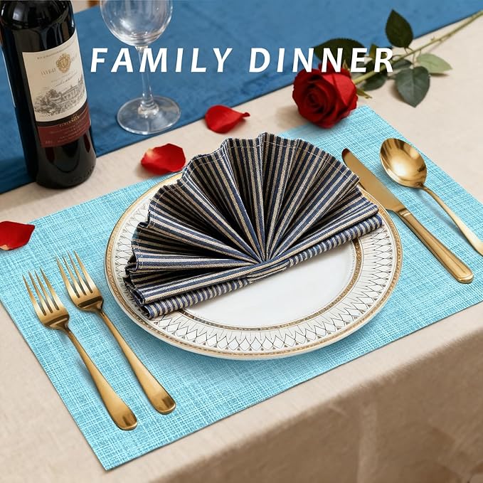 Durable Vinyl Placemats Set of 20, Non-Slip for Dining Table Mat, Heat Resistant Place Mats, Washable Anti-Slip PVC Easy to Clean Wipeable Premium Plastic Mats for Kitchen Blue