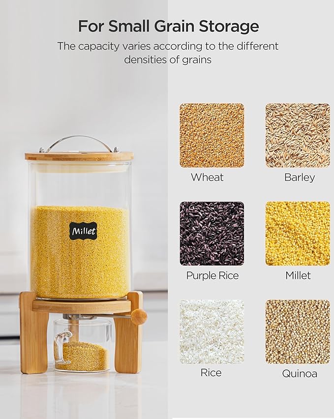 8-10 lbs Glass Rice Dispenser with Wooden Stand Flour and Cereal Container with Glass Measuring Cup & Labels & Slider mat Pantry Food Organization Storage Bin with Airtight Bamboo Lid, 5L