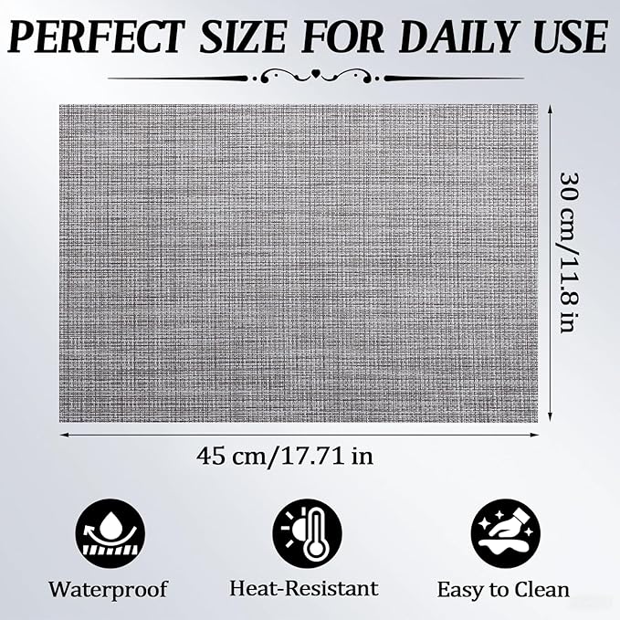 Timeet Placemats Set of 8, Heat Resistant Non-Slip Place Mats, Durable Washable PVC Vinyl Woven Table Mats, Linen Textured Table Placemats for Dining Kitchen Resistant Easy to Clean(Gray)