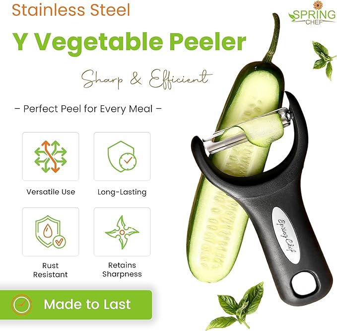 Spring Chef Stainless Steel Y Shaped Vegetable Peeler for Kitchen - Heavy Duty Potato Peeler with Ultra Sharp Blades & Soft Grip Handle for Apple, Carrot, Cucumber, Veggie, Fruit, Citrus - Black