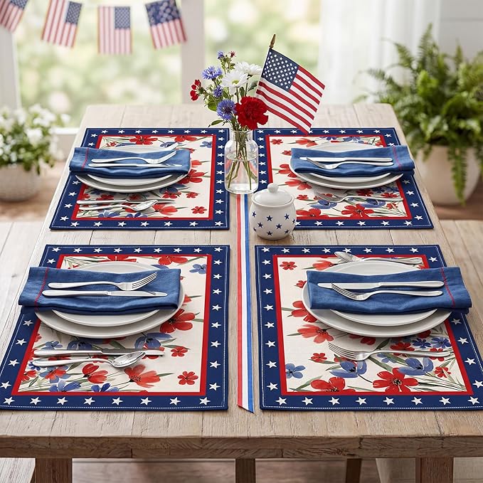 Patriotic Red White Blue Floral Placemats, USA 250th Anniversary 1776-2026 Independence Day Placemats, Watercolor Floral Patriotic Table Mats for 4th of July Memorial Day Party Decor, Set of 4
