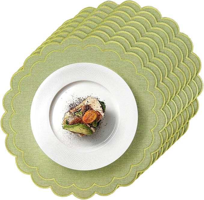 Set of 8 Cotton Linen Placemats, 15x15 Scalloped Flower Embroidery Cloth Table Mats Double Layered Fabric Machine Washable Wrinkle Free Dining Placemat for Hotel Restaurant Kitchen Decor, Green