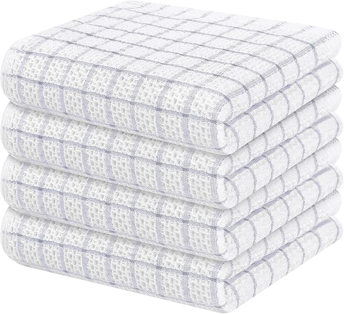 Homaxy 100% Cotton Kitchen Towels 4 Pack-15 X 25 Inches, Check Design Waffle Weave Hand Tea Towels, Super Soft and Absorbent Dish Towel for Drying Dishes, Light Grey